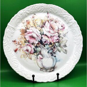 Liette Floribunda Roses Peonies Floral Plate Hand Painted Embossed 9" Dish VTG